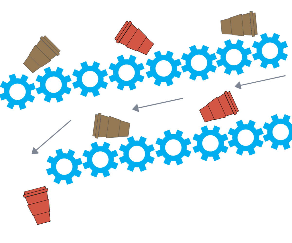 Image of cups falling off a conveyor belt